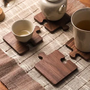 Puzzle Shape Wooden Coasters Black Walnut Beech Sapele Wood Interlocking Heat Insulated Cup Mat For Coffee Tea Table Decor