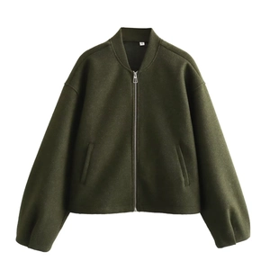 Flat lay of an olive green zip-up jacket with side pockets and a silver metal zipper