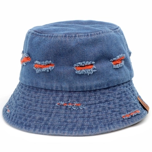 Distressed blue denim bucket hat with orange contrast lining and leather patch