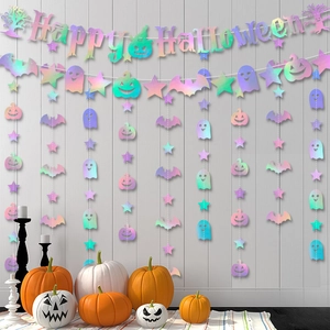 Iridescent Happy Halloween banner set with bat and pumpkin hanging decorations