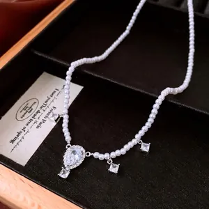Faux Artificial Pearl Beaded Necklace With Waterdrop Cubic Zirconia Pendant Square Crystals Bronze Jewelry For Women French Elegant