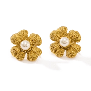 Frosted gold flower earrings with white pearl center in 18K gold plated stainless steel