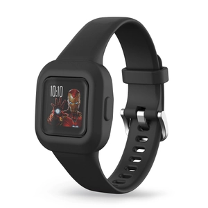 Detail von schwarzem Silikonarmband und quadratischem Zifferblatt für Garmin Vivofit JR3