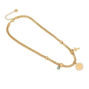 Gold stainless steel cross necklace with Saint Benedict medal and turquoise bead