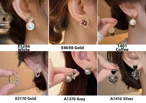 Collage of pearl, floral, and geometric earrings shown on ear for style comparison