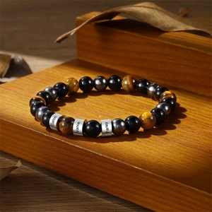 Custom engraved tiger eye and obsidian beaded bracelet for men with personalized names