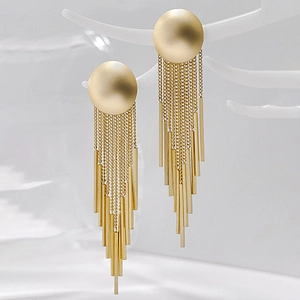Elegant gold tassel drop earrings featuring circular stud and tiered metal fringes
