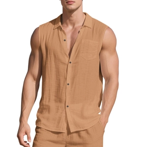 Detail of khaki linen sleeveless shirt showing textured fabric and button-down pocket