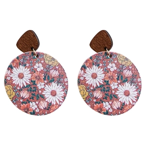 Vintage wooden round drop earrings with painted floral patterns and geometric studs