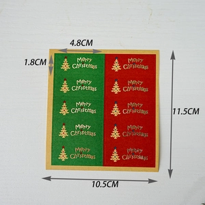 Detailed dimensions of red and green Christmas tree stickers with gold foil stamping