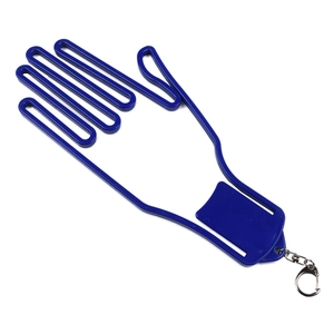 Blue palm-shaped golf glove stretcher with a metal keychain accessory on white background