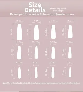 Size chart for extra long ballerina press-on nails showing 12 widths and lengths in mm