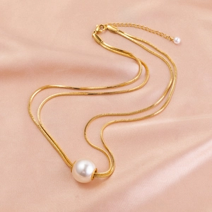 Double Layered Snake Chain Pendant Necklace With Round Imitation Artificial Pearl Elegant Stainless Steel Jewelry For Women