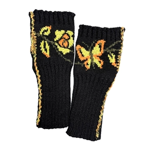 Knitted fingerless gloves with colorful butterfly floral patterns and thumb holes
