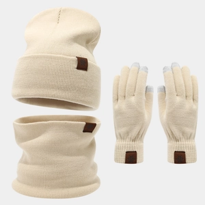 Detail view of winter knit set featuring snowflake leather patch and touch-screen fingertips