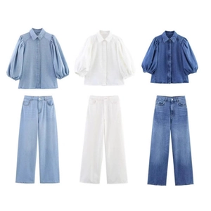 Ensemble Chemise Polo En Jean Et Pantalon Large Taille Haute Manches Bouffantes Décontracté Streetwear Bleu Blanc
