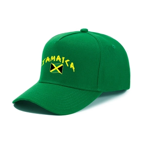 Green baseball cap with yellow Jamaica text and flag embroidery on structural crown