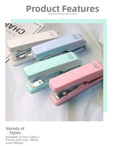 Detail of four macaron-colored staplers with metal tie rod and built-in remover