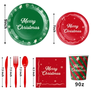 Detailed view of red and green striped Christmas party tableware set with size labels