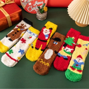 Winter Christmas coral fleece socks with thick thermal embroidery in festive gift set