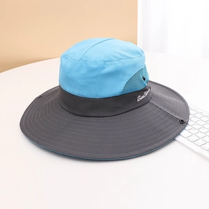 Outdoor wide brim sun hat with blue-grey color block design and mesh ventilation panels