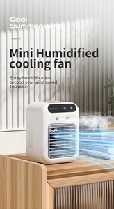 Detail showing top water filling design and misting nozzle of white mini air cooler