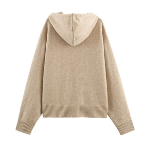 Back view of a khaki knit hooded jacket with ribbed cuffs and drop shoulder design