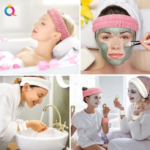 Macro collage showing pink and white plush headbands and wristbands for face washing