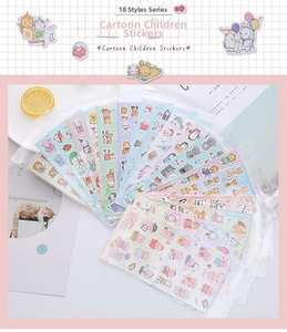 Detailed view of 18 diverse cartoon animal bubble stickers for kids and scrapbooking