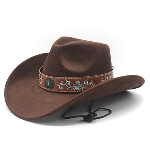 Cappello da cowboy western classico in camoscio marrone scuro con fascia ricamata