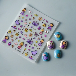 5D embossed nail art stickers featuring purple unicorns, princesses and fairy castles