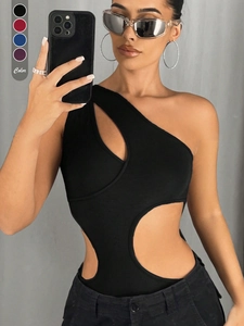 Body De Mujer Con Un Hombro Descubierto Sin Mangas Asimétrico Ajustado Poliéster Elastano Streetwear Trendy Sexy
