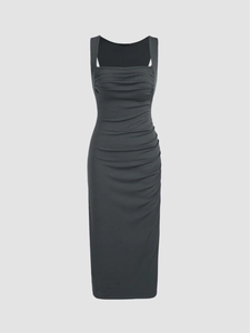 Elegant dark grey ribbed knit midi dress with square neck and side ruching detail