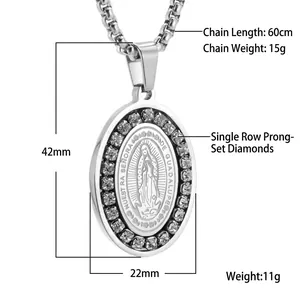 Collier pendentif ovale Notre-Dame de Guadalupe en argent avec strass et chaîne 60cm