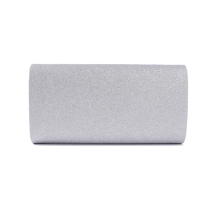 Detail of silver glitter evening clutch showing high-density sequin texture and box shape
