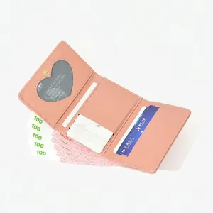 Pink cartoon tiger tri-fold wallet for women with heart-shaped photo slot and card holders