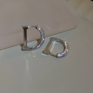 Vue détaillée de boucles d'oreilles lettre D en argent avec pavage de zircone