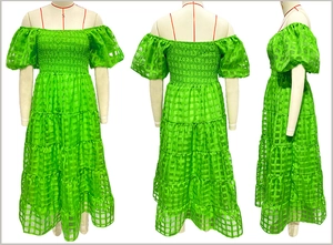 Three-way view of green plaid tiered maxi dress with puff sleeves and square neck details