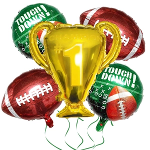 Rugby theme balloon set with gold champion trophy and brown football foil balloons