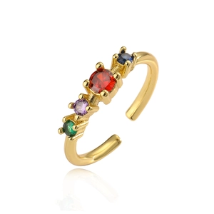 Adjustable gold plated open ring featuring four vibrant multi-colored zircon stones