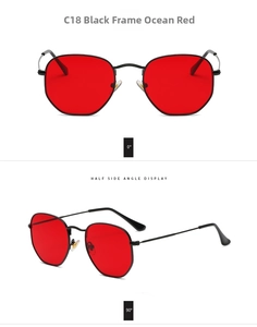 Vistas detalladas frontal y lateral de gafas de sol irregulares de metal negro y lentes rojas