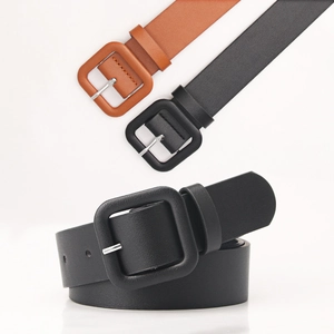 Minimalist leather belts for women in black and brown with square buckles for jeans and coats