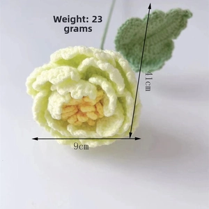 Handmade crochet peony flower dimensions showing 41cm height and 23g weight