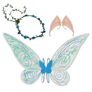 Fairy costume set with blue rose floral crown, elf ears and iridescent butterfly wings