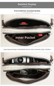 Close-up of dual zipper main compartments and inner pocket of white crossbody bag