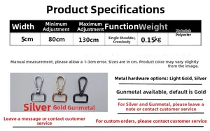 Size chart showing 5cm wide polyester bag strap details with adjustable 80-130cm length