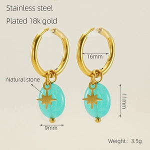 Detailed macro view of 18k gold plated stainless steel hoop earrings with natural stone
