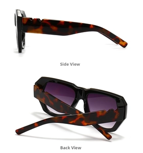 Side and back view of retro butterfly sunglasses with tortoise shell texture and purple lens