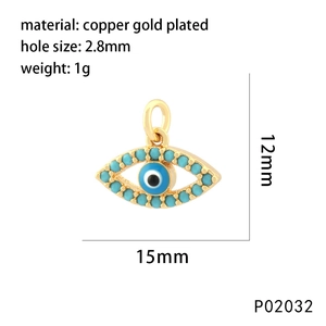 Detailed view of evil eye shell pendant with size measurements 15mm by 12mm