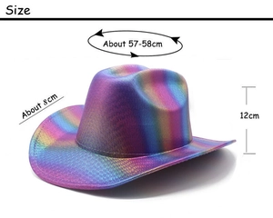 Detailed dimensions of iridescent rainbow cowboy hat with size and brim measurements